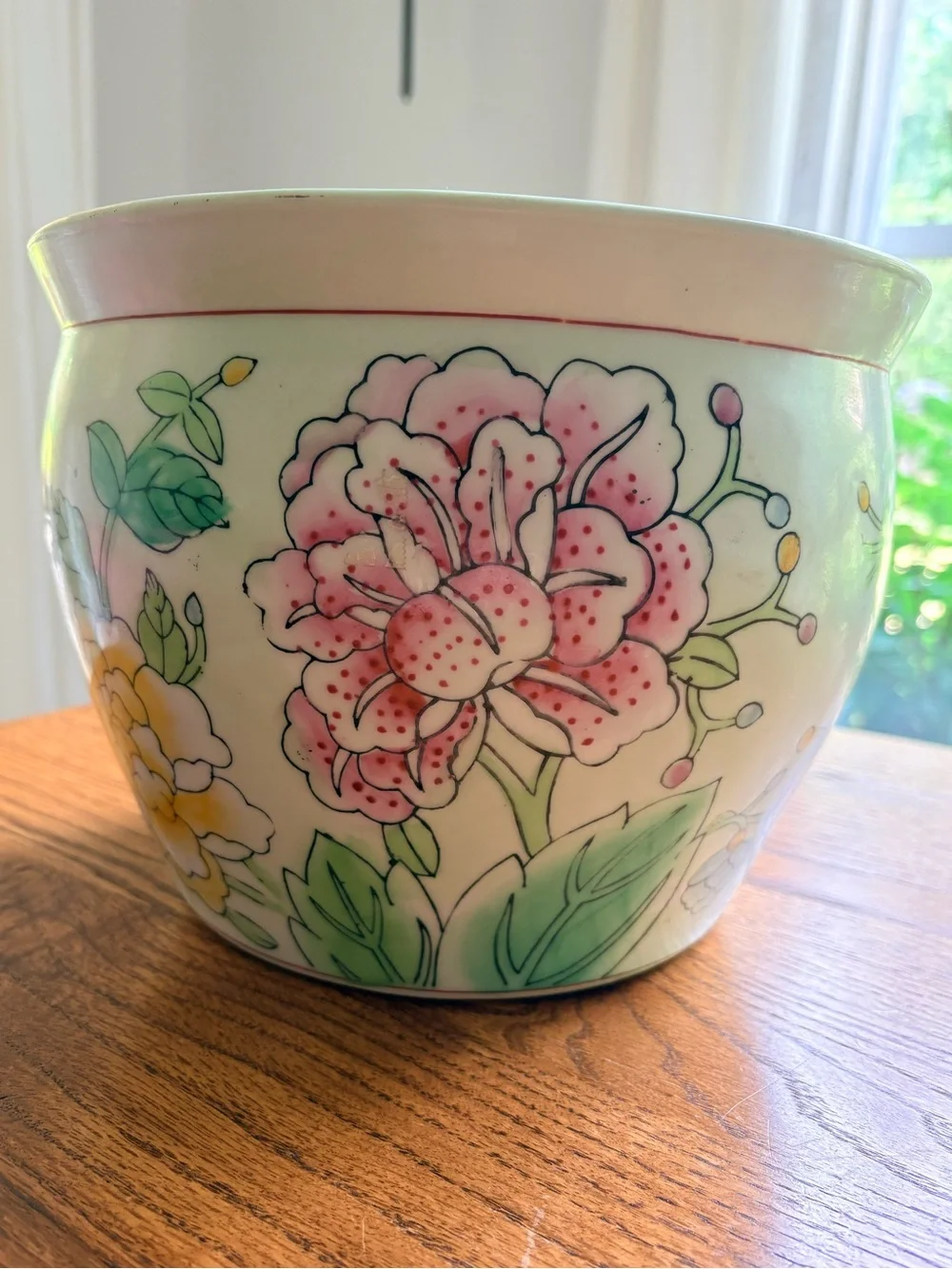 Grandmillenial Chinoiserie Floral Ceramic Planter - Pink & Green Peony Design